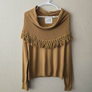 Anthropologie ANGEL OF THE NORTH Fringe Sweater Pullover Cowl Neck Mustard M